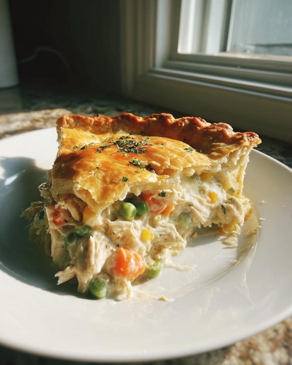 A close-up slice of creamy chicken pot pie recipe with flaky crust, peas, carrots, and corn.