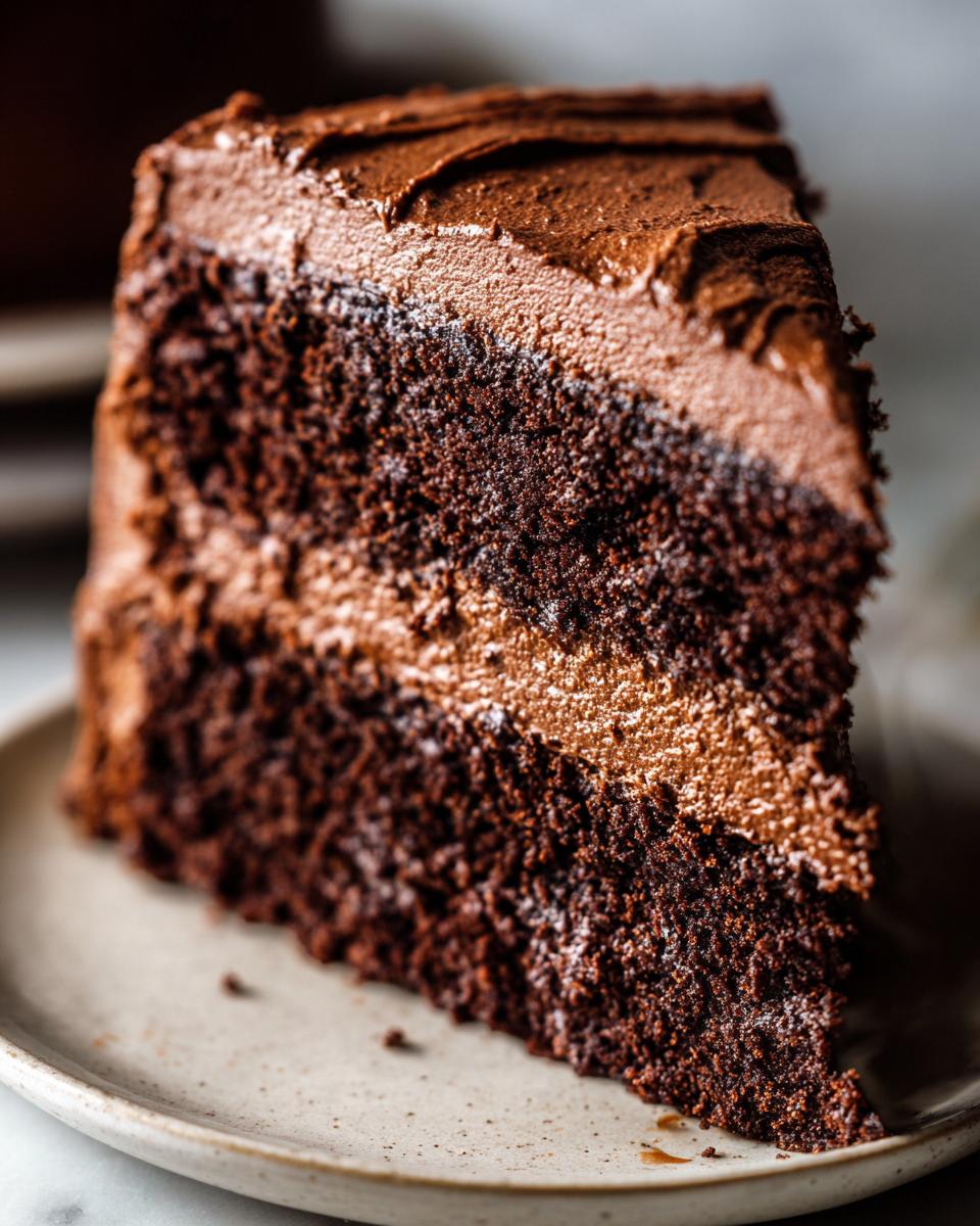 Close-up of a moist chocolate cake slice layered and topped with rich chocolate ganache frosting.