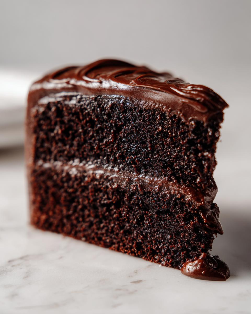 Close-up of a moist slice of dark chocolate cake generously covered in smooth chocolate ganache.