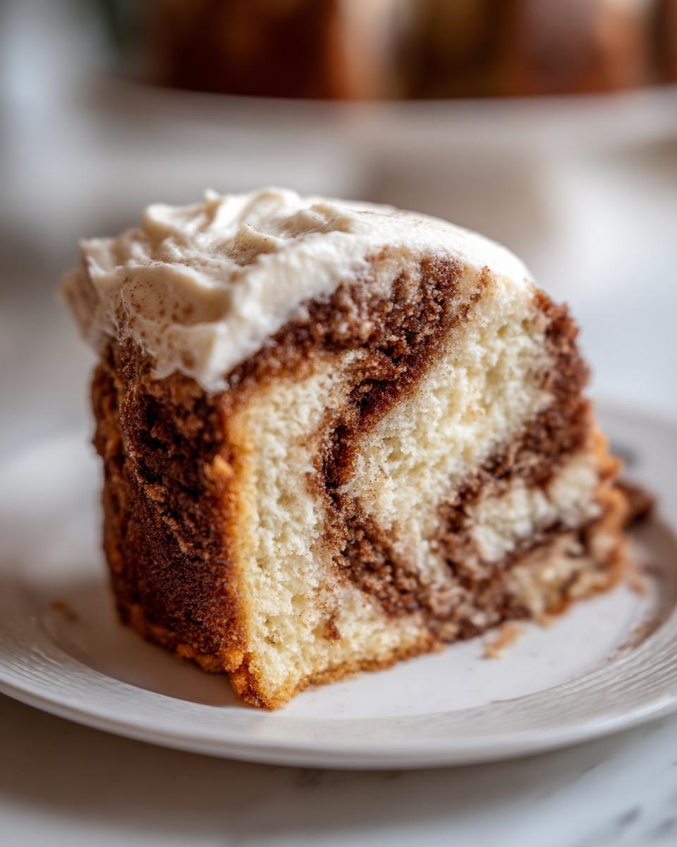 Close-up of a slice of cinnamon roll cake showing the swirl pattern, topped with cream cheese frosting.