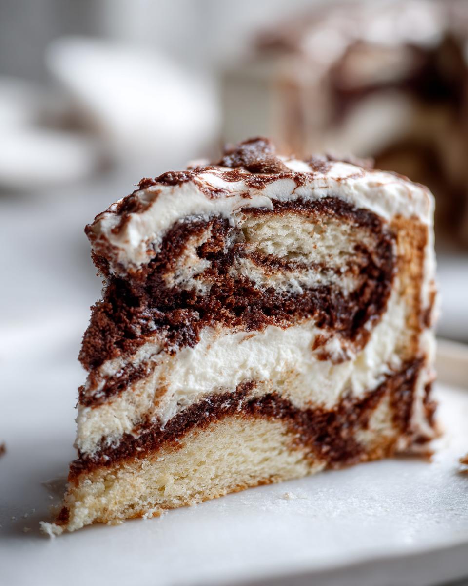 A close-up of a slice of cinnamon roll cake showing marbled layers of vanilla cake, dark cinnamon filling, and white cream cheese frosting.