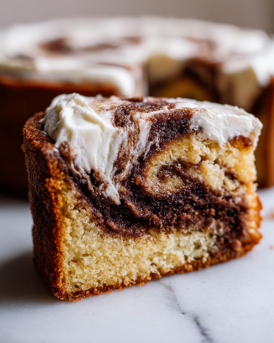 Close-up of a moist slice of cinnamon roll cake showing the swirl pattern and cream cheese frosting.