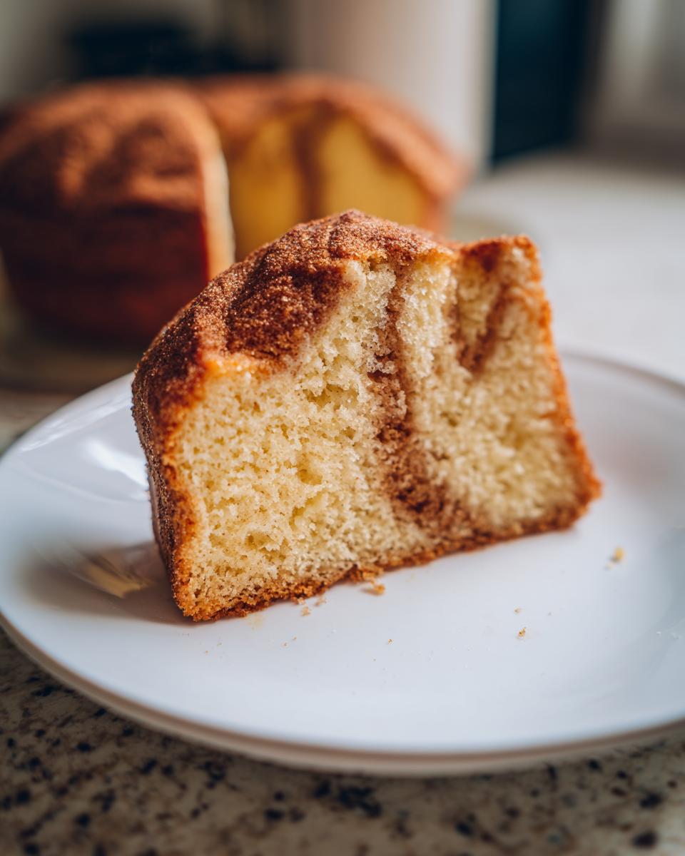 Close-up of a thick slice of amazing cinnamon swirl bread showing the interior swirl and cinnamon sugar topping.