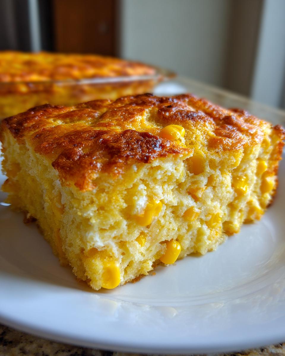 A close-up of a moist, golden slice of cornbread casserole studded with whole kernel corn, served on a white plate.