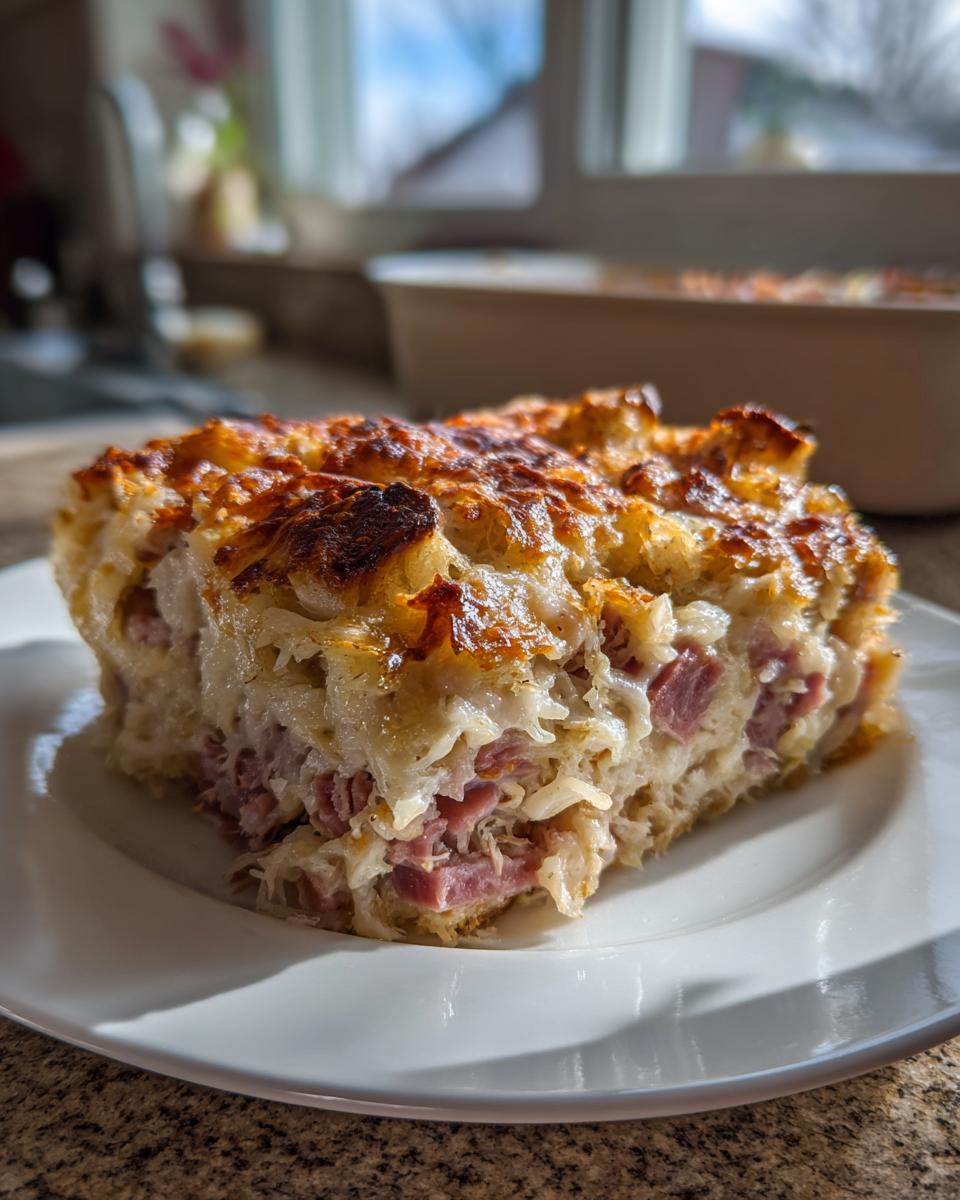 A close-up slice of homemade reuben bake showing layers of corned beef/ham, sauerkraut, and a golden, cheesy top.