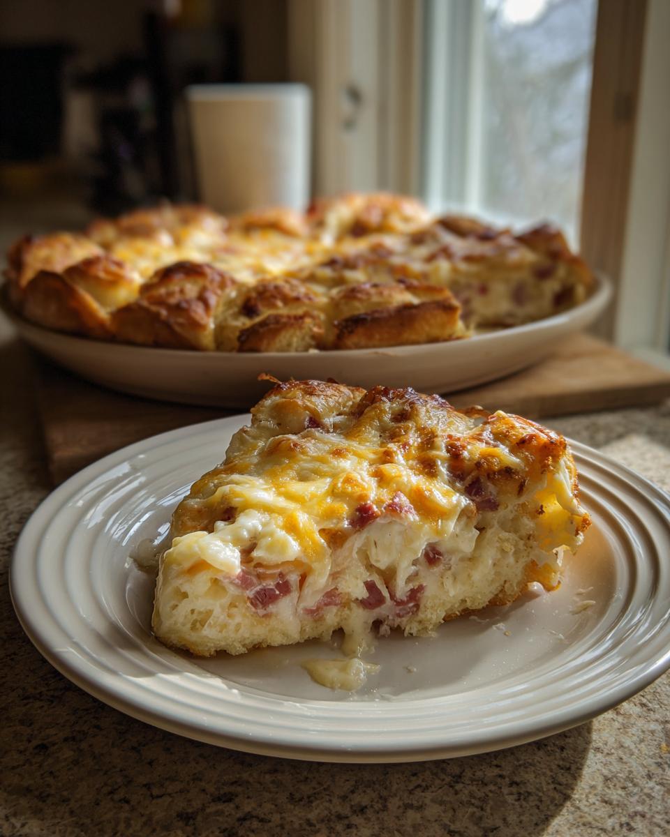 A close-up slice of homemade Reuben bake with crescent rolls, showing melted cheese and corned beef filling.