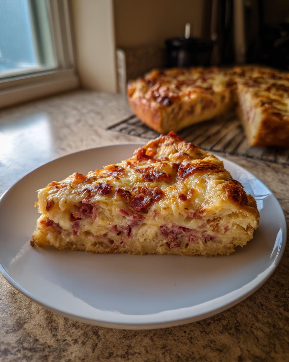 A thick slice of homemade Reuben bake with crescent rolls, showing layers of meat and melted cheese topping.