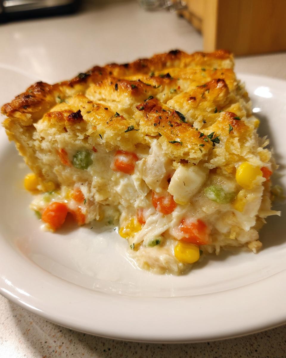 A close-up slice of creamy chicken pot pie with visible chunks of chicken, carrots, peas, and corn under a golden, flaky crust.
