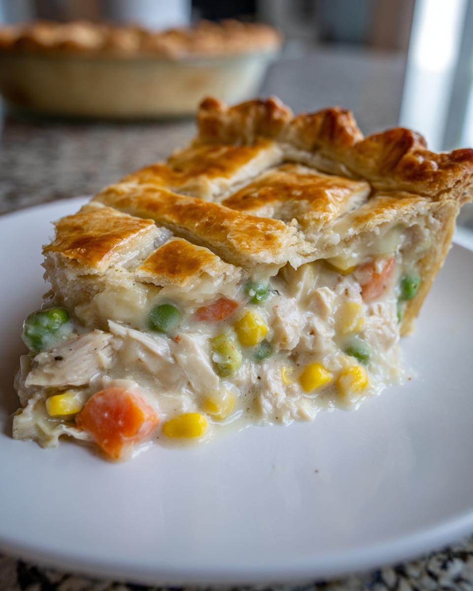 A close-up slice of creamy chicken pot pie with flaky crust, chicken, carrots, and peas.