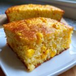 A close-up of a moist slice of cornbread casserole studded with bright yellow corn kernels on a white plate.