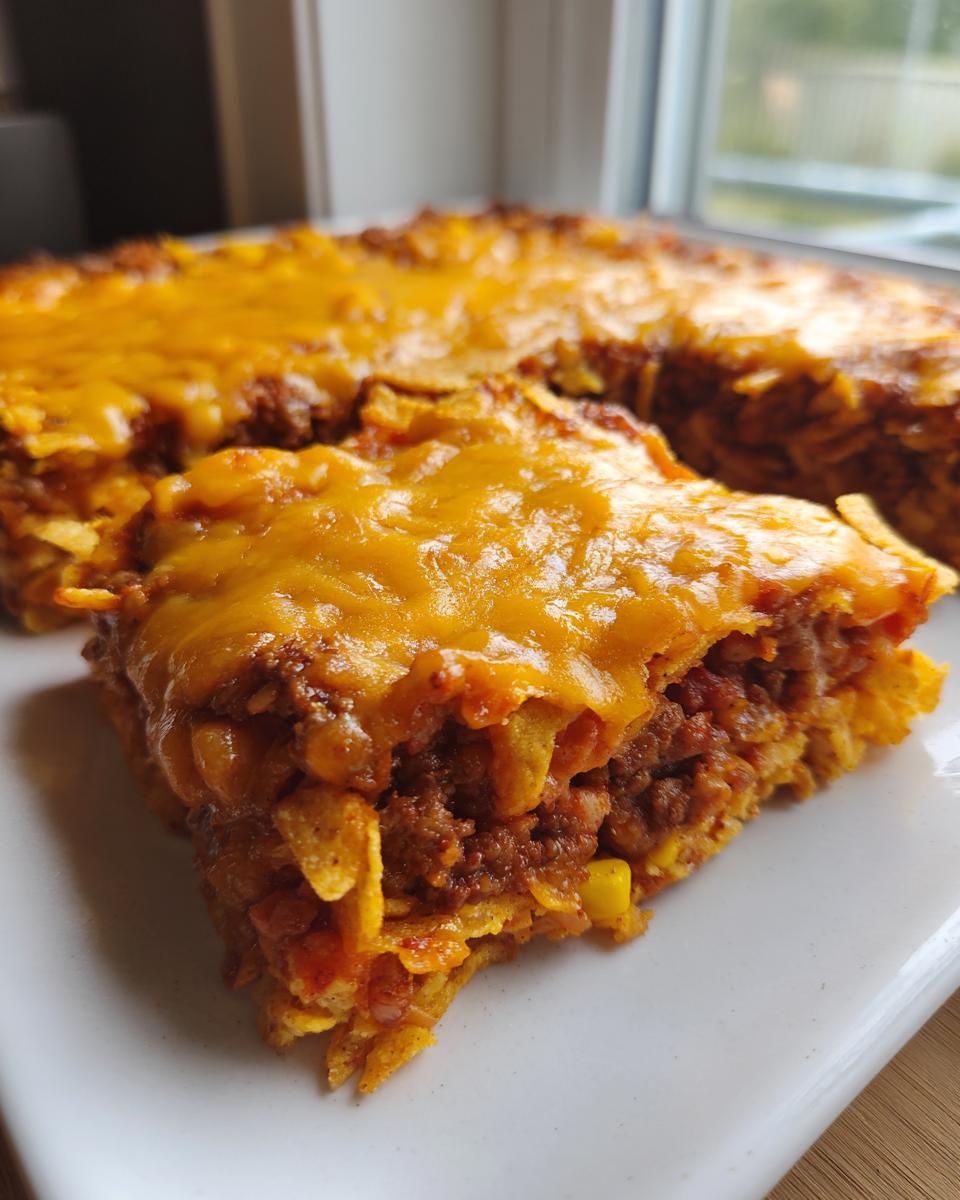 A close-up slice of baked frito pie casserole topped with melted cheddar cheese.