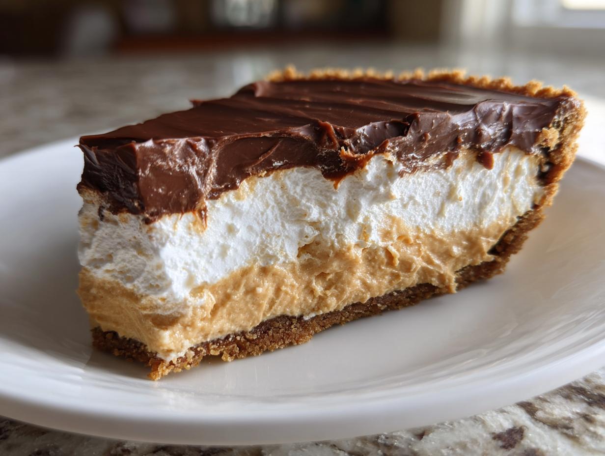 Close-up of a thick slice of peanut butter pie showing graham cracker crust, peanut butter layer, whipped topping, and chocolate ganache.