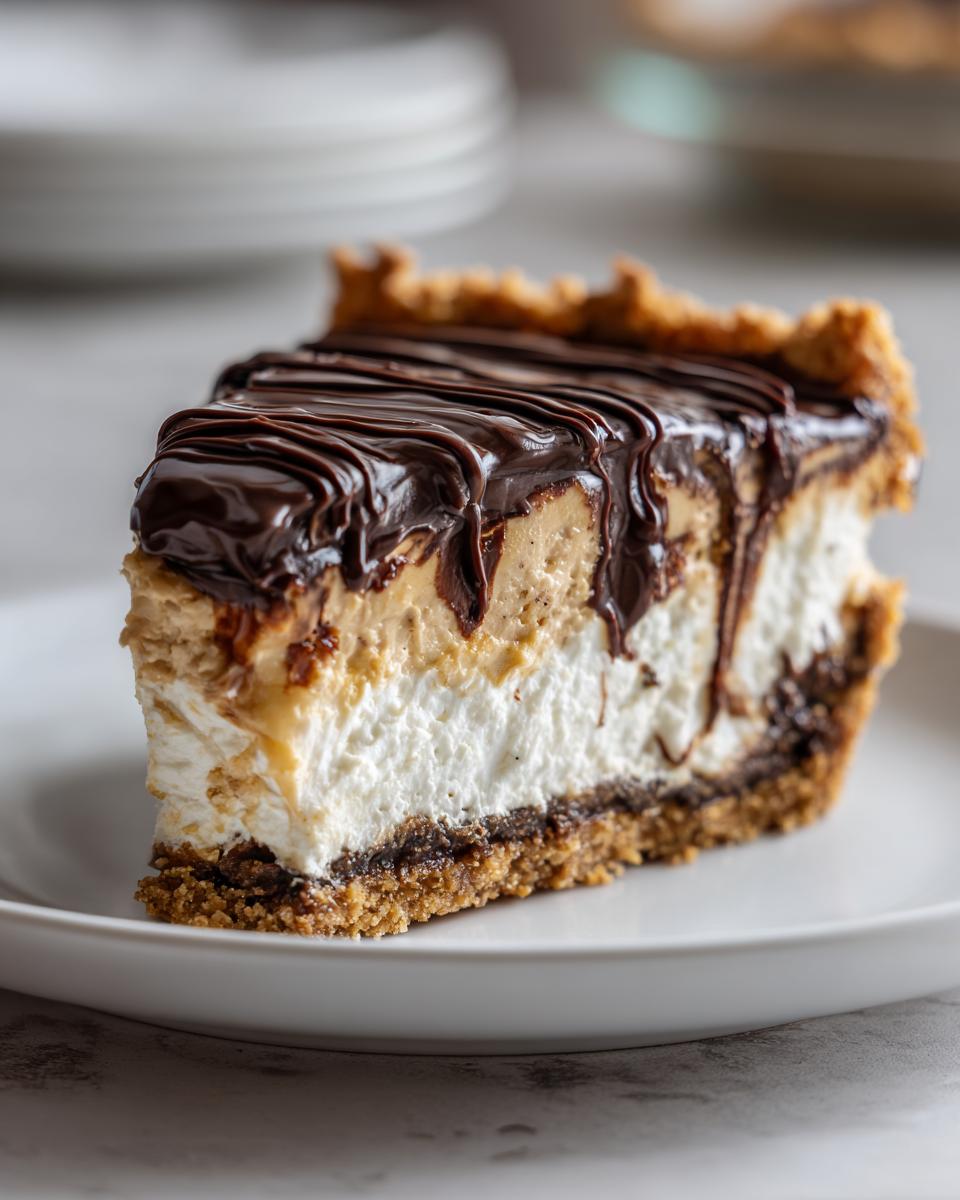 A decadent slice of peanut butter pie featuring a graham cracker crust, creamy layers, and a rich chocolate drizzle.