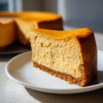 A close-up of a thick, creamy slice of pumpkin cheesecake with a graham cracker crust, sitting on a white plate.
