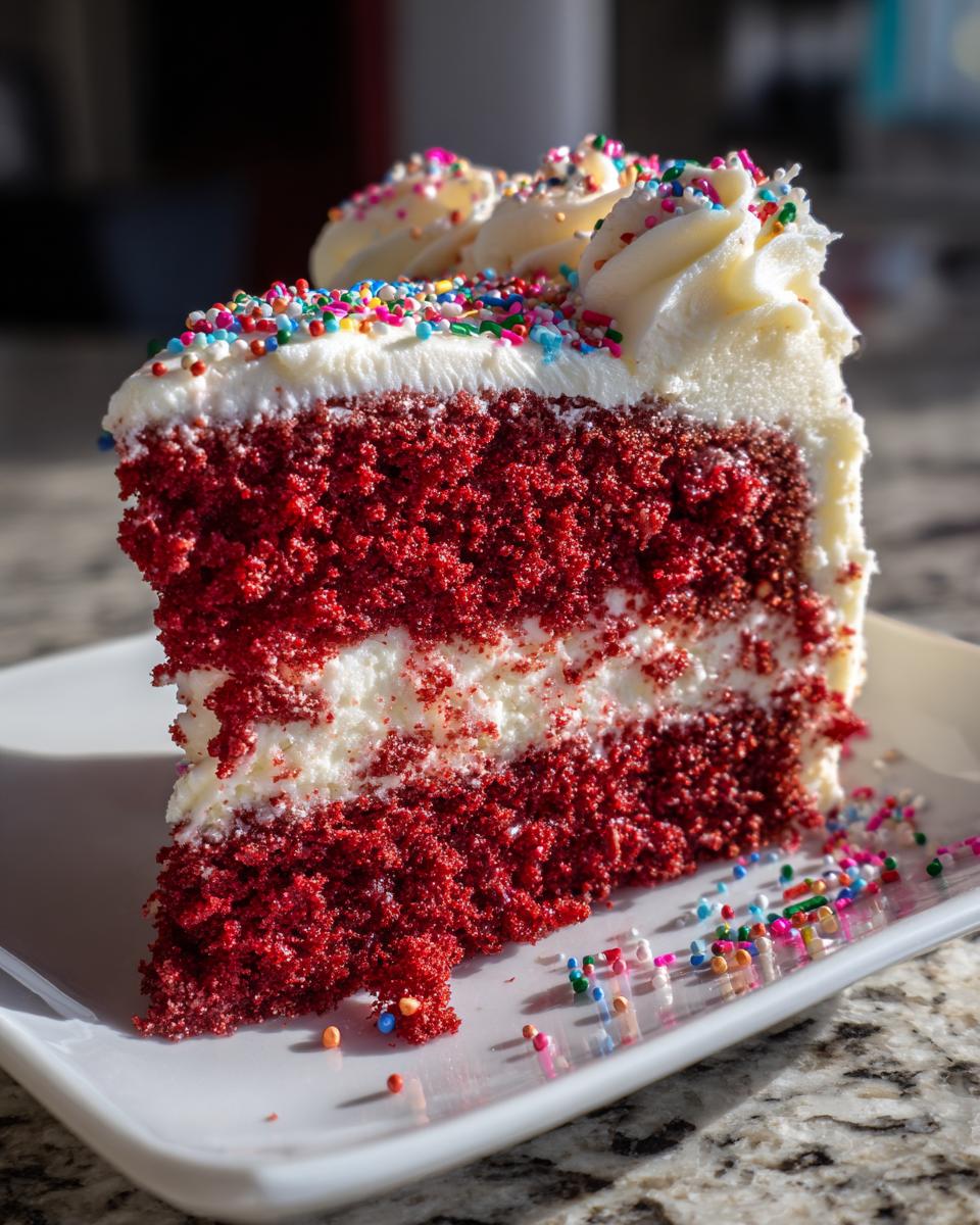 A moist slice of red velvet poke cake with cream cheese frosting and colorful sprinkles.
