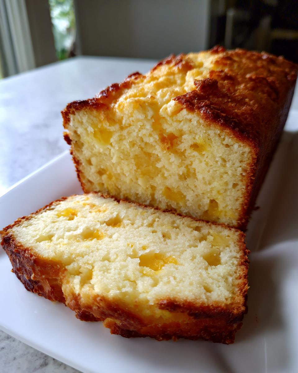 Close-up of a sliced loaf of golden-brown cheese beer bread showing the cheesy interior.
