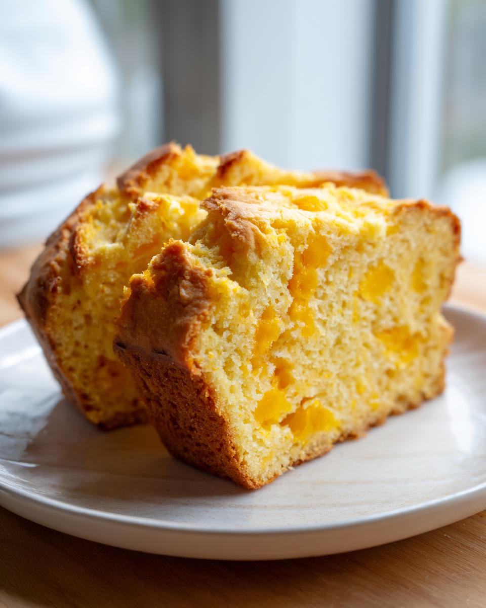 Two thick slices of golden cheese beer bread showing melted cheddar cheese chunks inside, served on a white plate.