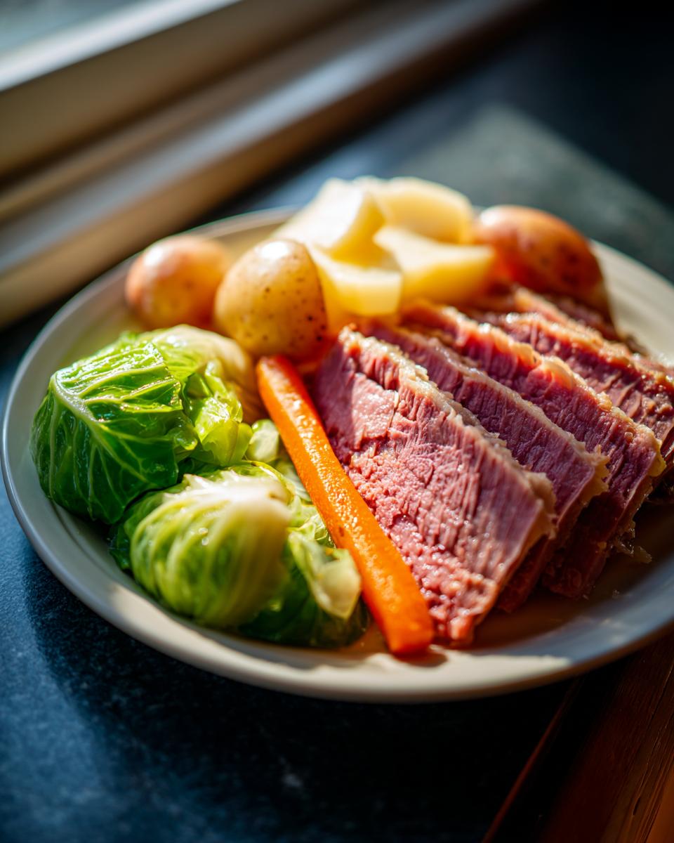 A plate featuring sliced slow cooker corned beef and cabbage, carrots, and potatoes bathed in sunlight.