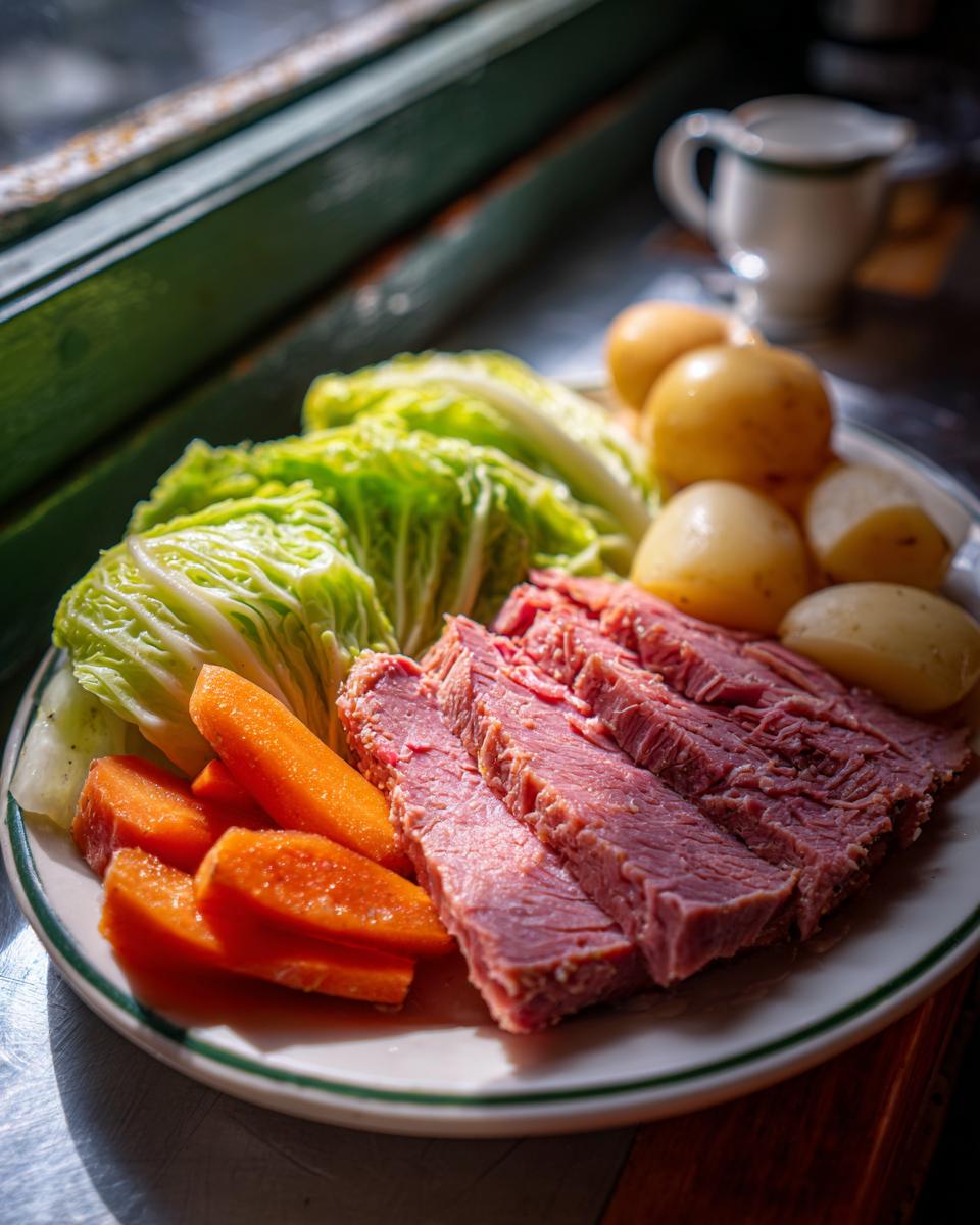 A plate featuring sliced slow cooker corned beef and cabbage with carrots and potatoes.