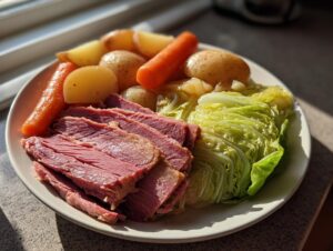A plate featuring sliced slow cooker corned beef and cabbage with potatoes and carrots.