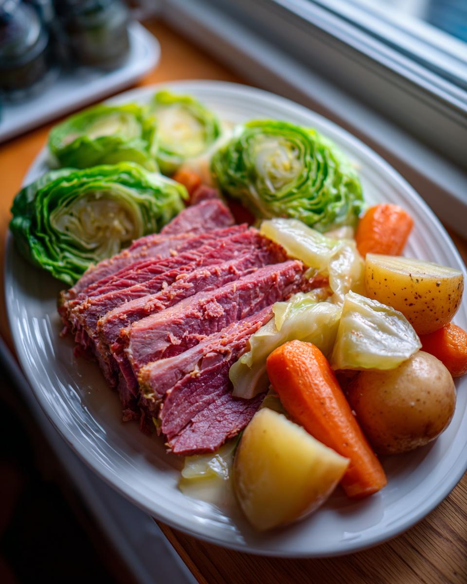 A white plate featuring sliced slow cooker corned beef and cabbage, carrots, potatoes, and wedges of green cabbage.