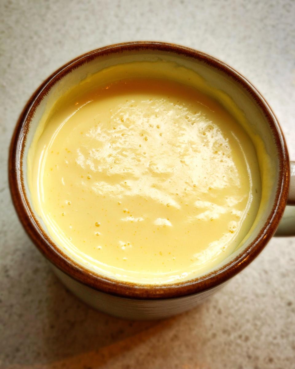 Close-up overhead view of smooth, creamy yellow melting pot cheese fondue recipe inside a rustic brown-rimmed mug.