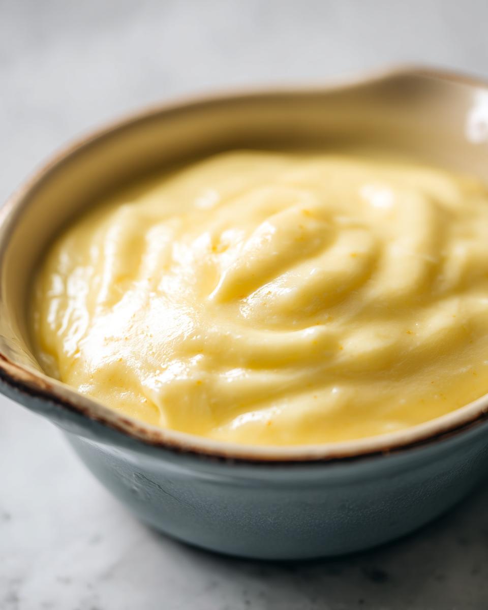 Close-up of smooth, creamy, yellow melting pot cheese fondue recipe texture in a rustic bowl.