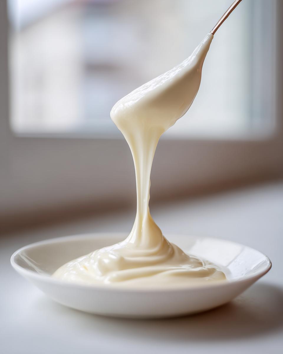 A spoonful of smooth, thick white chocolate ganache is dripping back into a small white bowl.