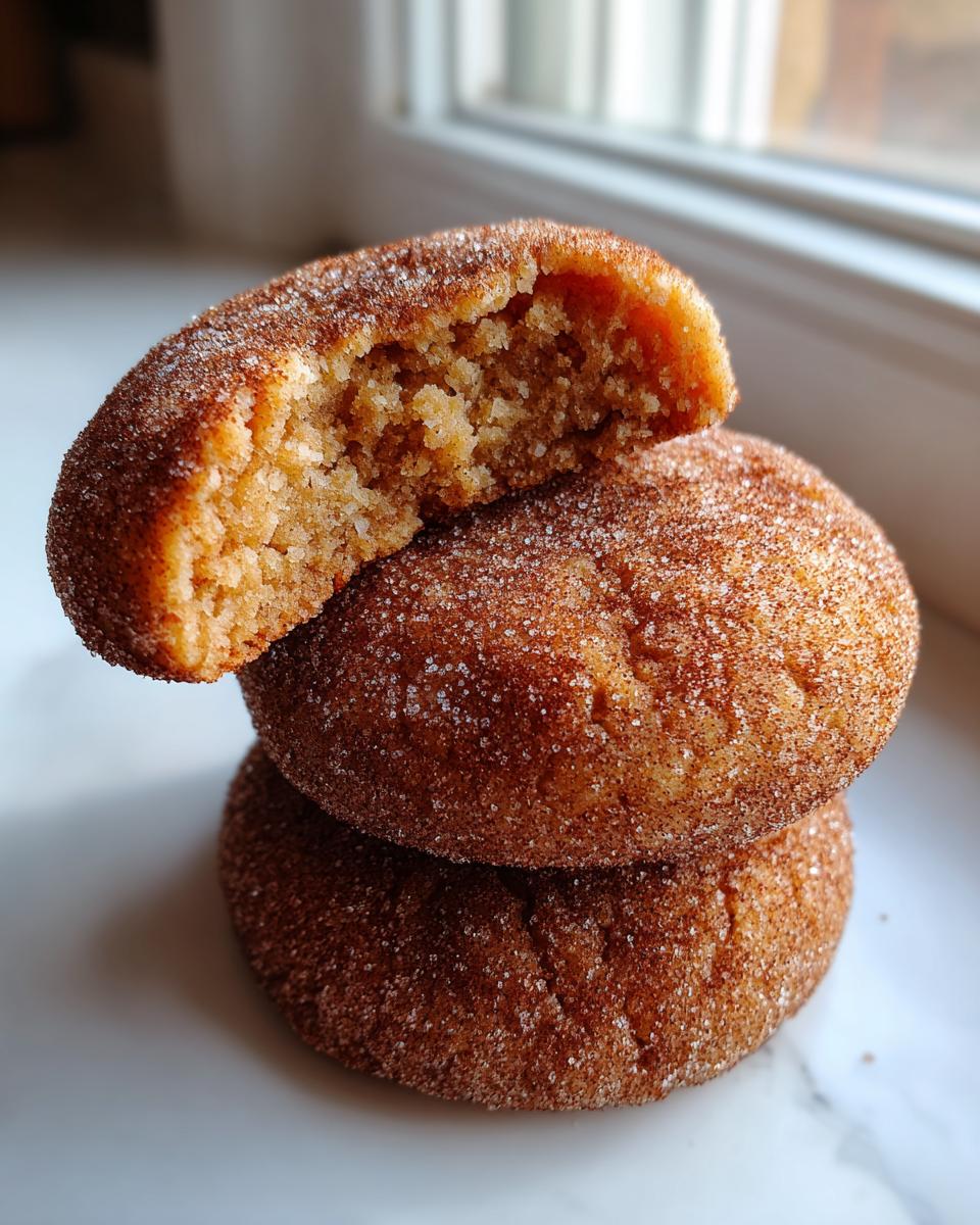 A stack of three soft churro cookies, with the top one broken in half to show the fluffy interior, coated in cinnamon sugar.