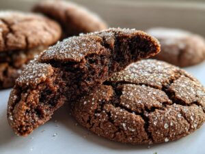 Close-up of a soft, dark molasses cookie broken in half, showing the chewy interior and sparkling sugar coating.