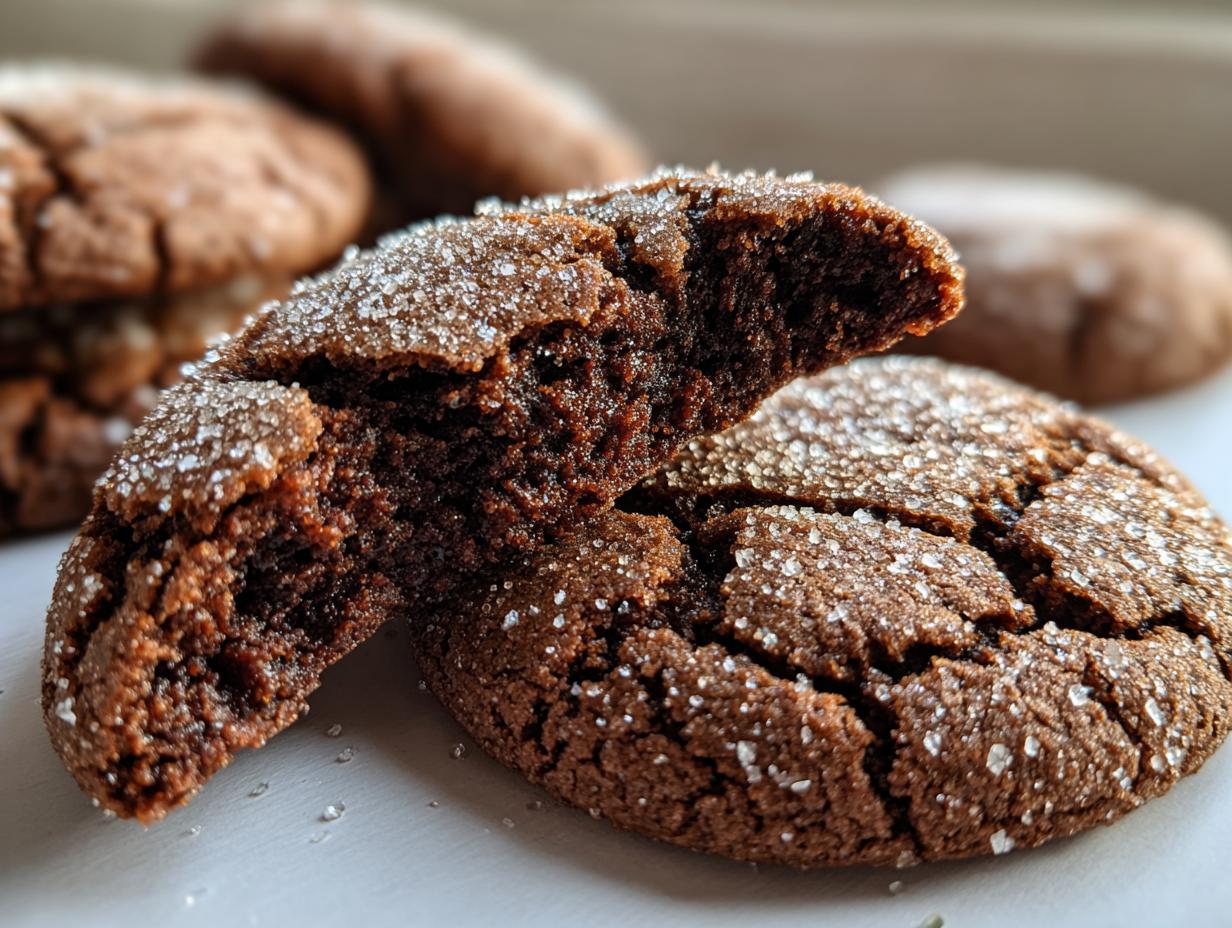 Close-up of a soft, dark molasses cookie broken in half, showing the chewy interior and sparkling sugar coating.