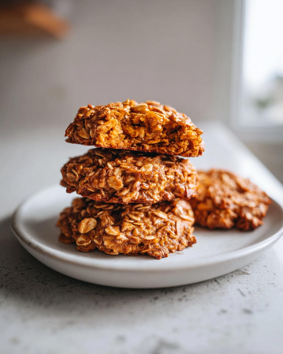 Three soft pumpkin oatmeal cookies stacked on a light plate, showing texture.