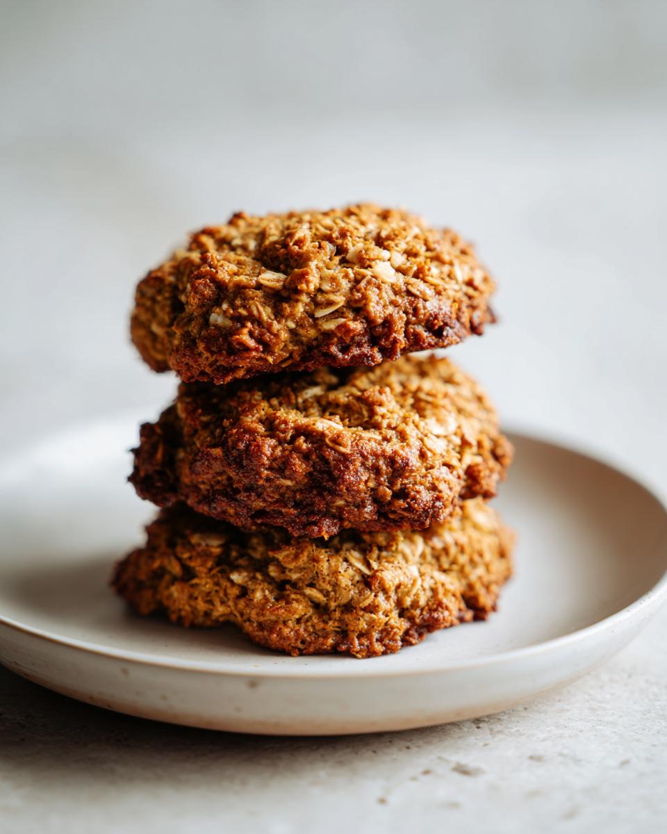 A stack of three soft, golden-brown pumpkin oatmeal cookies resting on a light ceramic plate.