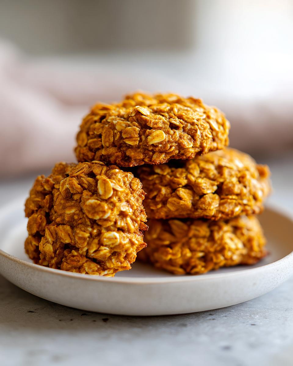 A stack of four soft pumpkin oatmeal cookies, rich in texture from the oats, resting on a small white plate.