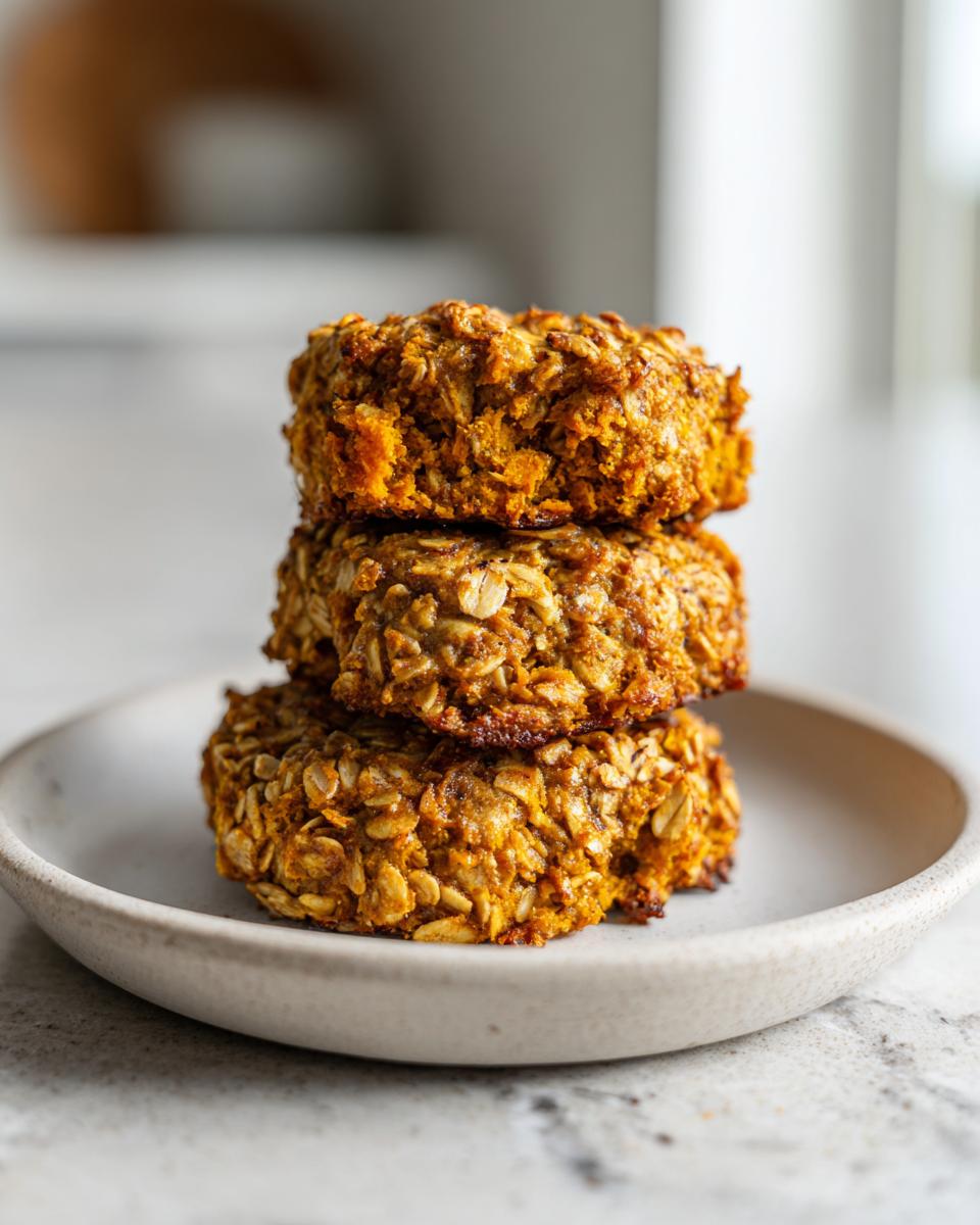 Three soft pumpkin oatmeal cookies stacked on a small, light-colored ceramic plate.