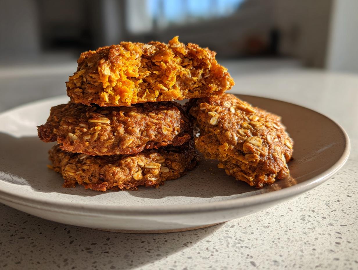 A stack of four soft pumpkin oatmeal cookies on a light gray plate, with one cookie broken open.