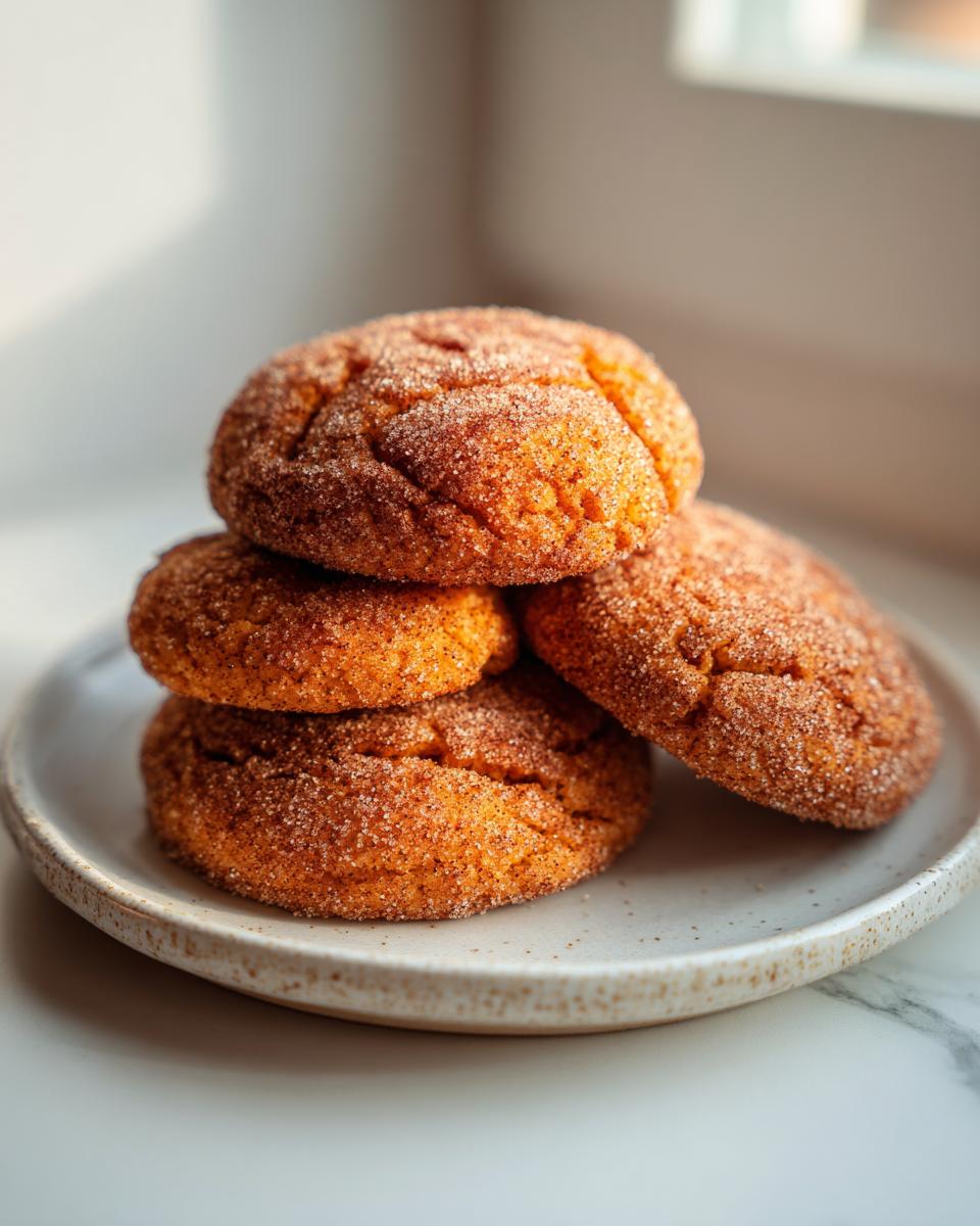 A stack of four soft, orange-hued pumpkin snickerdoodles heavily coated in cinnamon sugar, resting on a speckled plate.