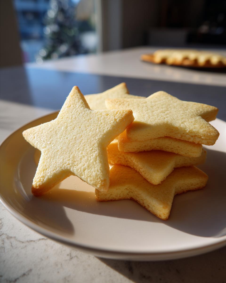 A stack of freshly baked, soft star-shaped sugar cookies resting on a light-colored plate.