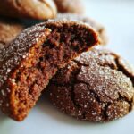 Close-up of a soft, chewy molasses cookies, broken in half to show the texture, covered in sparkling sugar.