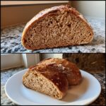 Close-up view showing the open, airy crumb structure of the baked sourdough beer bread.