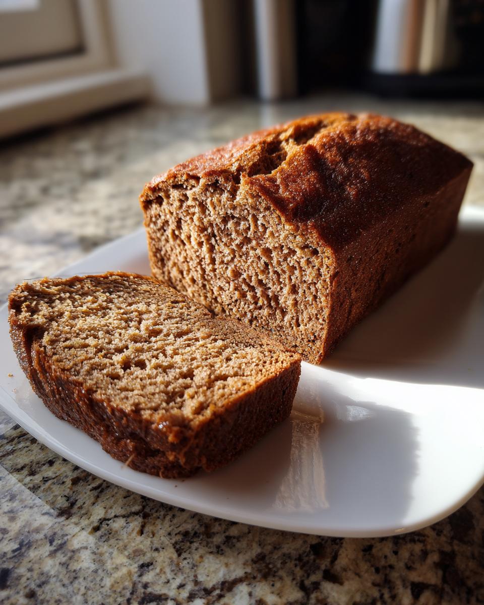A dark, moist loaf of sourdough beer bread, partially sliced, sitting on a white plate.