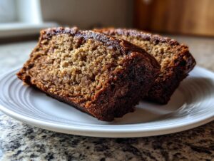Two moist slices of dark, rich sourdough beer bread resting on a white plate.