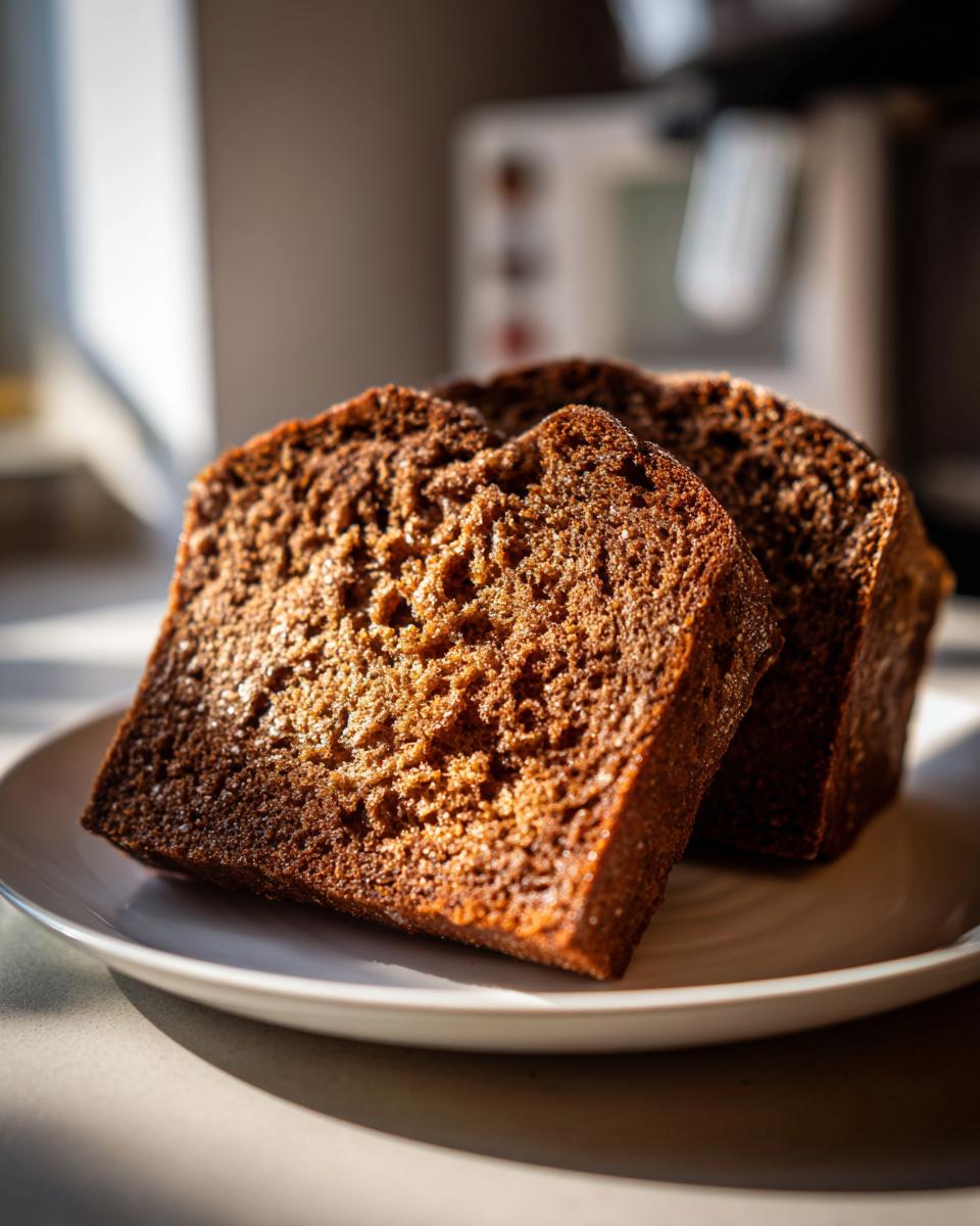 Two dark, moist slices of sourdough beer bread resting on a white plate, highlighted by strong sunlight.