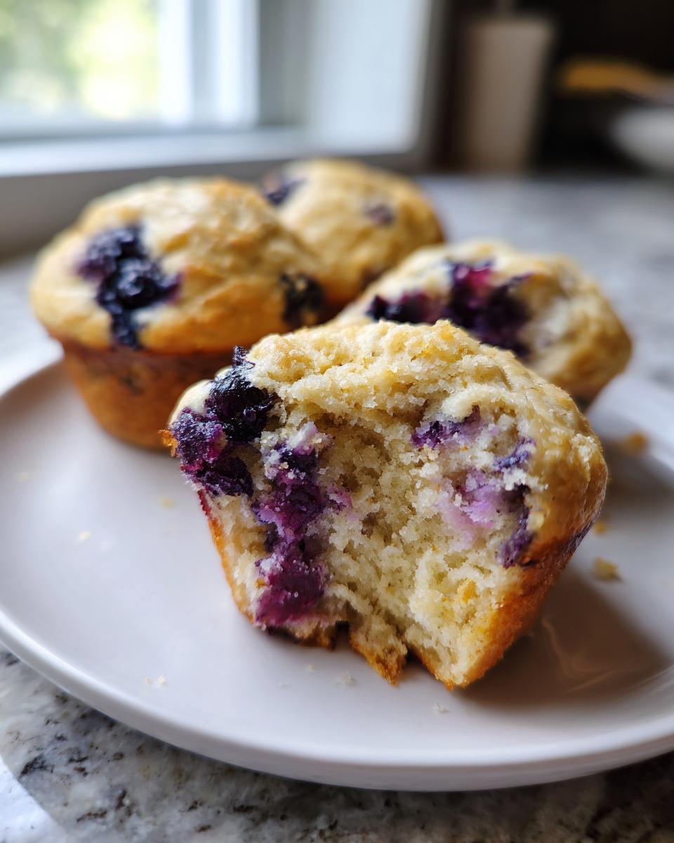 A close-up of a sourdough blueberry muffin broken in half showing the moist interior and burst blueberries, with more muffins in the background.