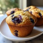 Close-up of a golden-brown sourdough blueberry muffin topped with sugar, with three more muffins blurred in the background.