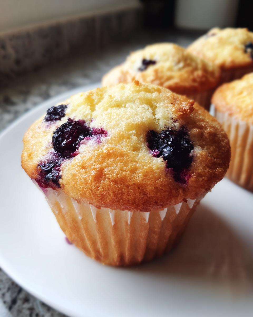 Close-up of a perfectly baked sourdough blueberry muffin with a golden top and visible dark blueberries.
