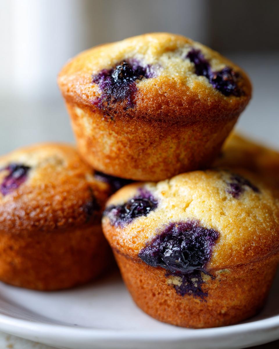 Close-up of golden brown sourdough blueberry muffins stacked slightly on a white plate.