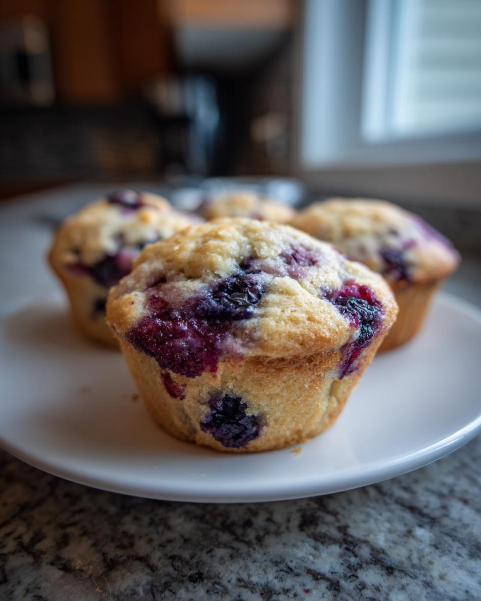 A close-up, shallow depth of field photo of fresh sourdough blueberry muffins served on a white plate.
