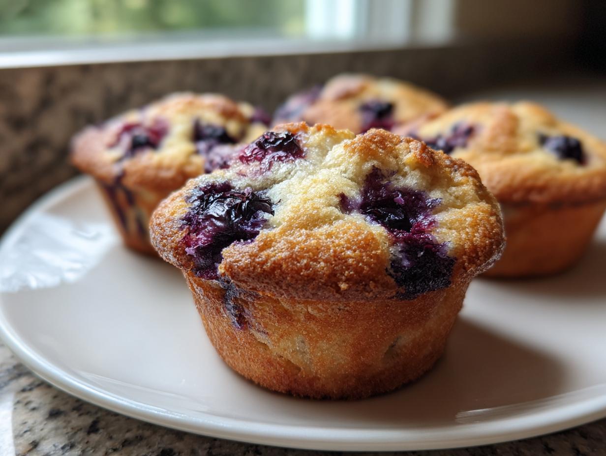 Close-up of freshly baked sourdough blueberry muffins with golden tops and bursting blueberries.