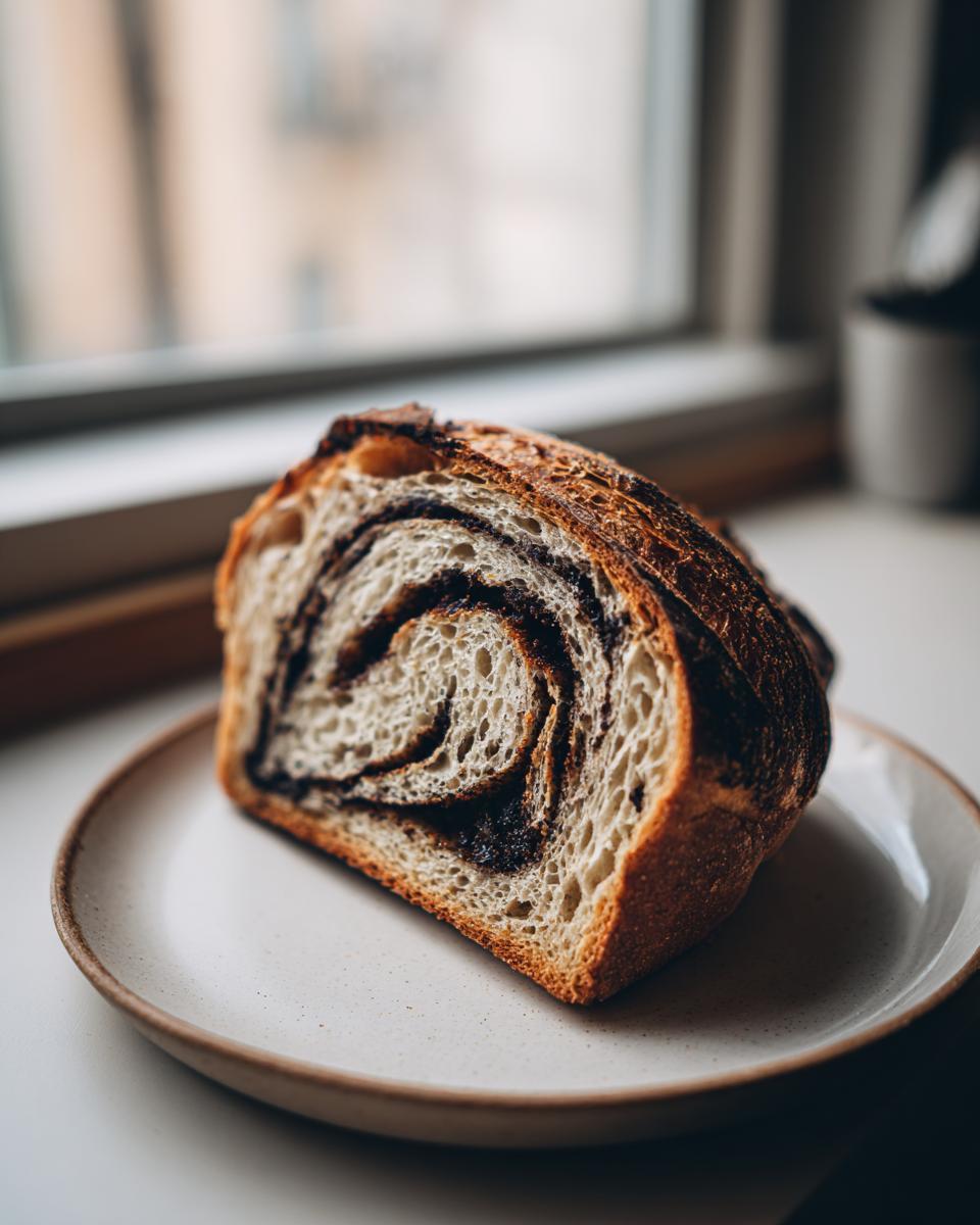 Close-up of a thick slice of sourdough cinnamon swirl bread showing the beautiful dark cinnamon swirl pattern.